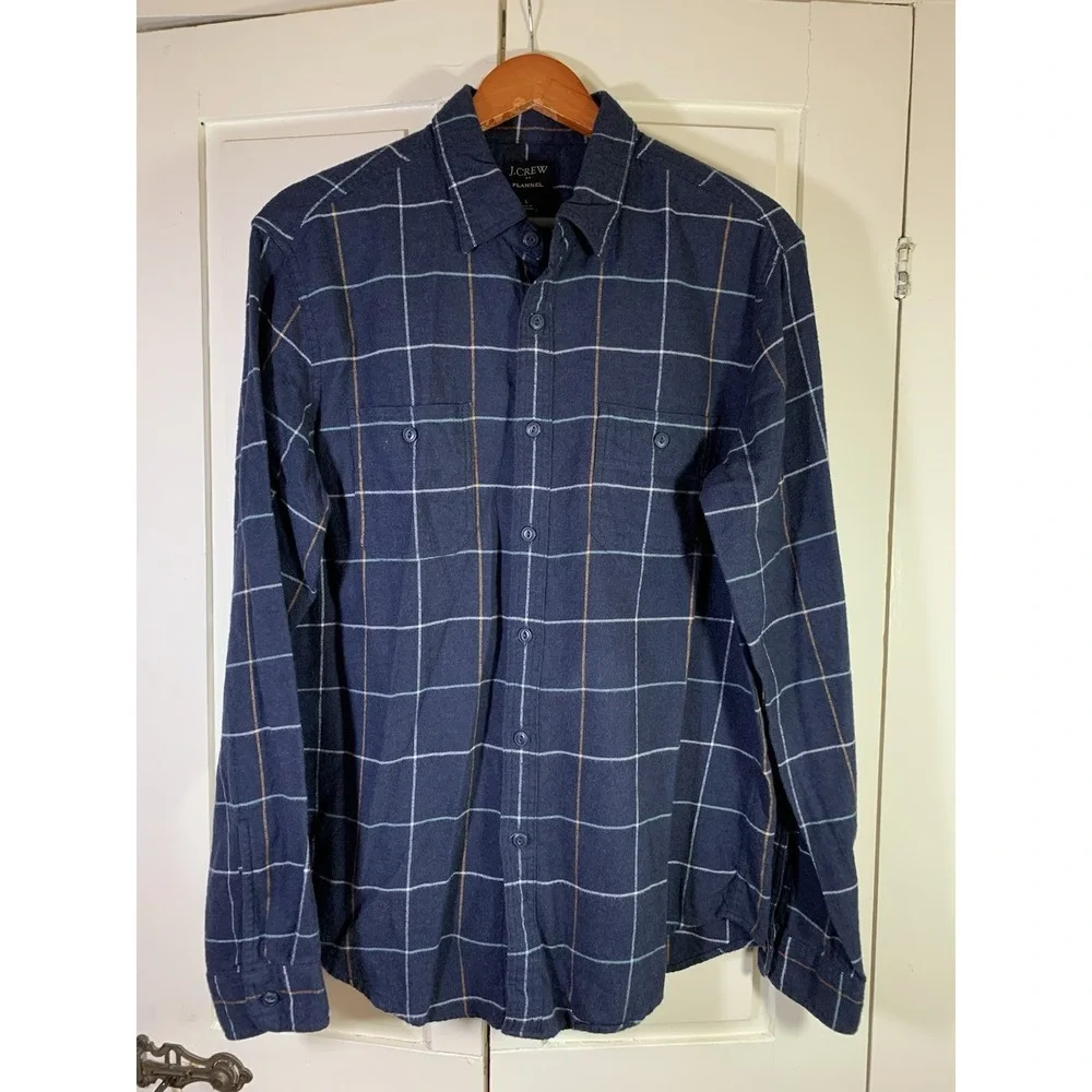 J Crew Flannel Shirt‎ Mens Large Button Blue Plaid Pocket Cabincore Cozy Preppy